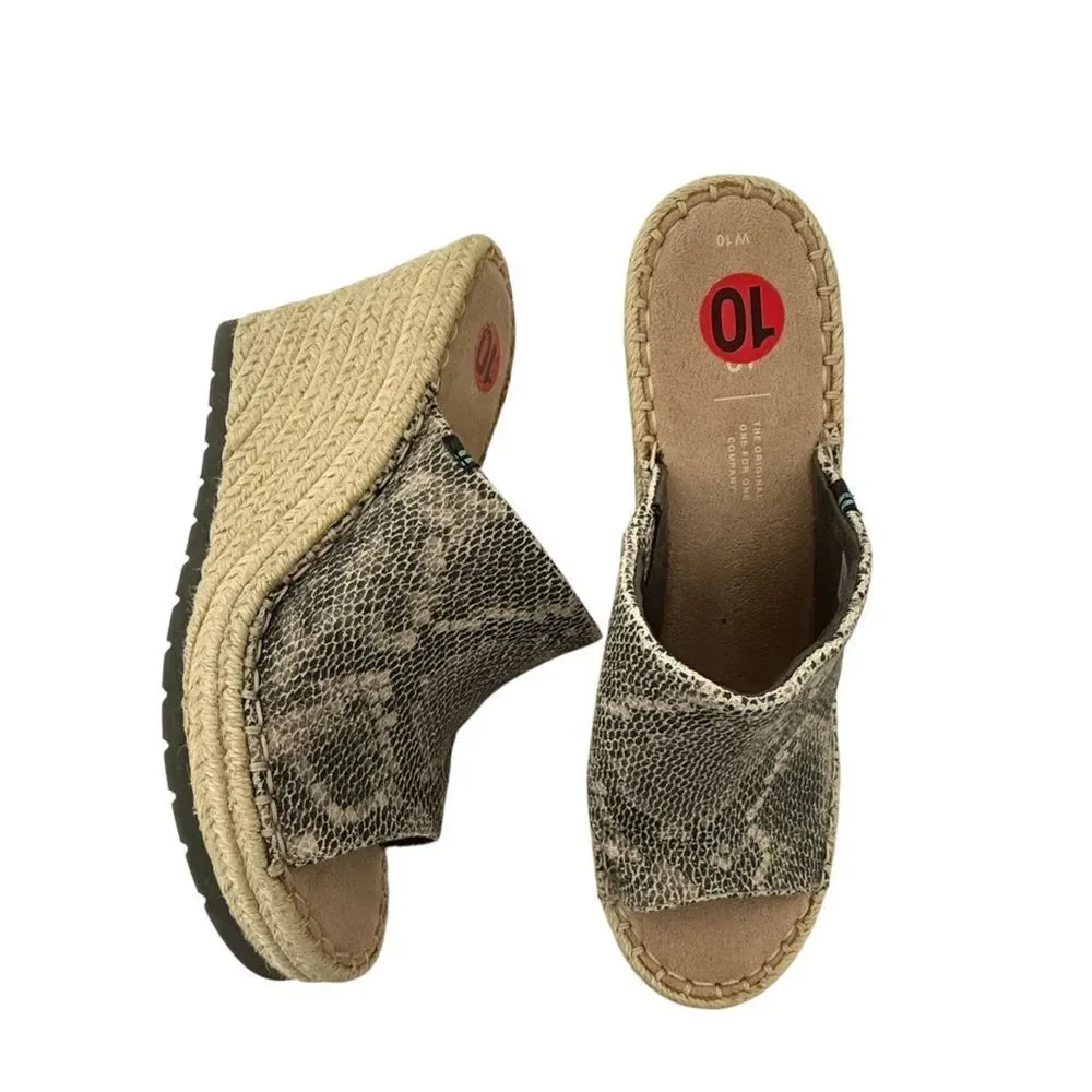Toms Brown Monica Mule Snakeskin Open Toe Wedge Slip on Sandals